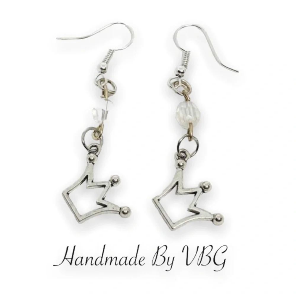New Handmade Sterling Silver Queen Crown Crystal Dangle Earrings